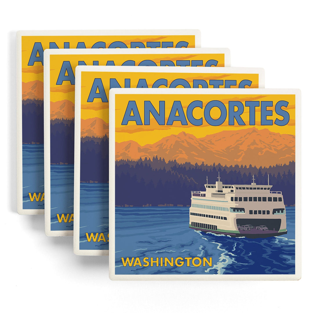 Anacortes, Washington, Ferry and Mountains, Coasters Coasters Lantern Press 