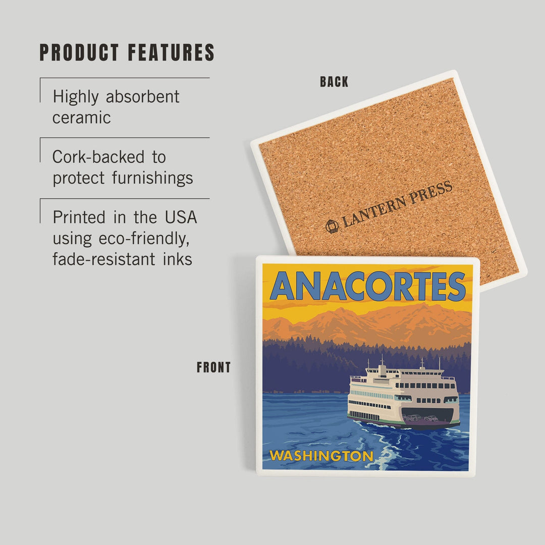 Anacortes, Washington, Ferry and Mountains, Coasters Coasters Lantern Press 