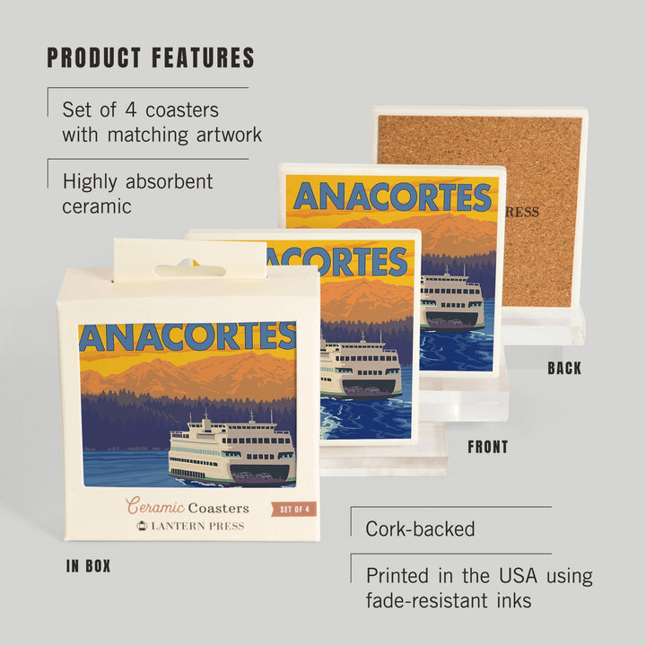 Anacortes, Washington, Ferry and Mountains, Coasters Coasters Lantern Press 