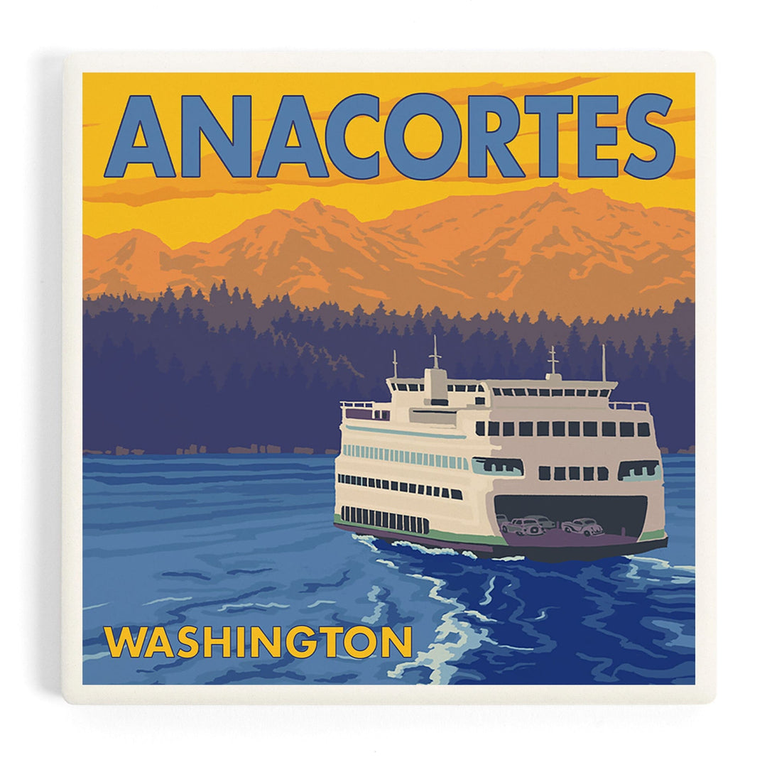 Anacortes, Washington, Ferry and Mountains, Coasters Coasters Lantern Press 