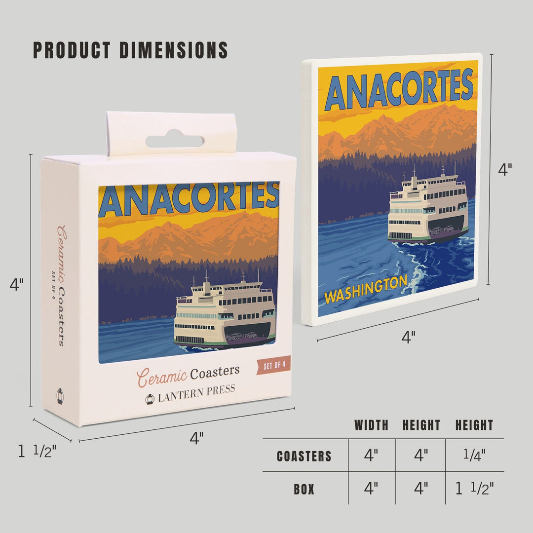 Anacortes, Washington, Ferry and Mountains, Coasters Coasters Lantern Press 