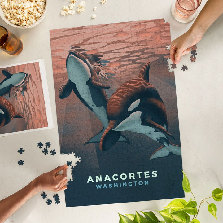 Anacortes, Washington, Orca, Lithograph, Jigsaw Puzzle Puzzle Lantern Press 