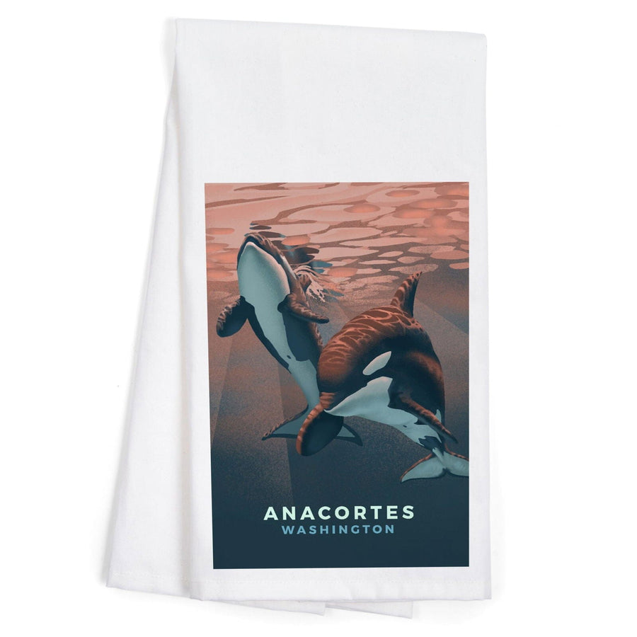 Anacortes, Washington, Orca, Lithograph, Organic Cotton Kitchen Tea Towels Kitchen Lantern Press 