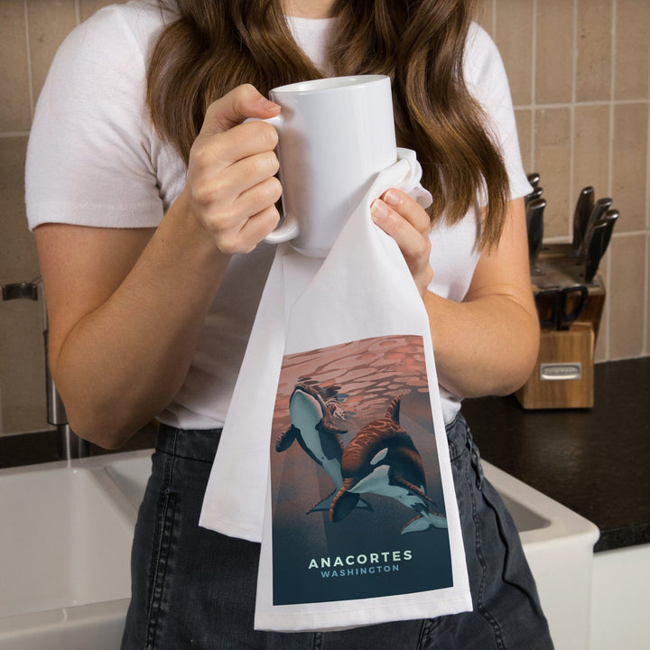 Anacortes, Washington, Orca, Lithograph, Organic Cotton Kitchen Tea Towels Kitchen Lantern Press 