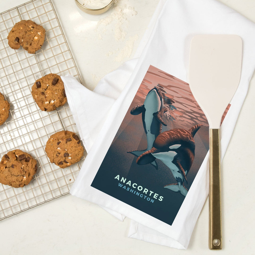 Anacortes, Washington, Orca, Lithograph, Organic Cotton Kitchen Tea Towels Kitchen Lantern Press 