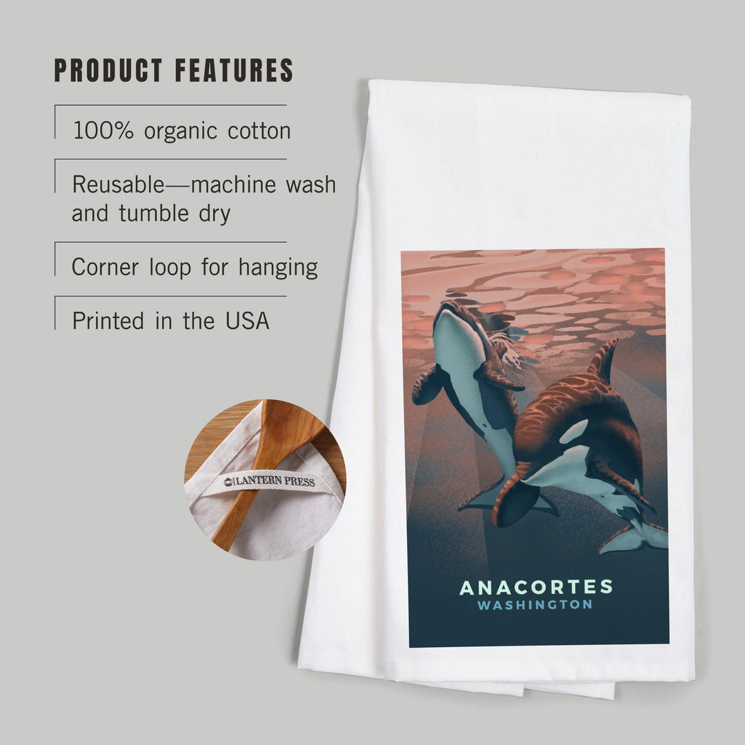 Anacortes, Washington, Orca, Lithograph, Organic Cotton Kitchen Tea Towels Kitchen Lantern Press 