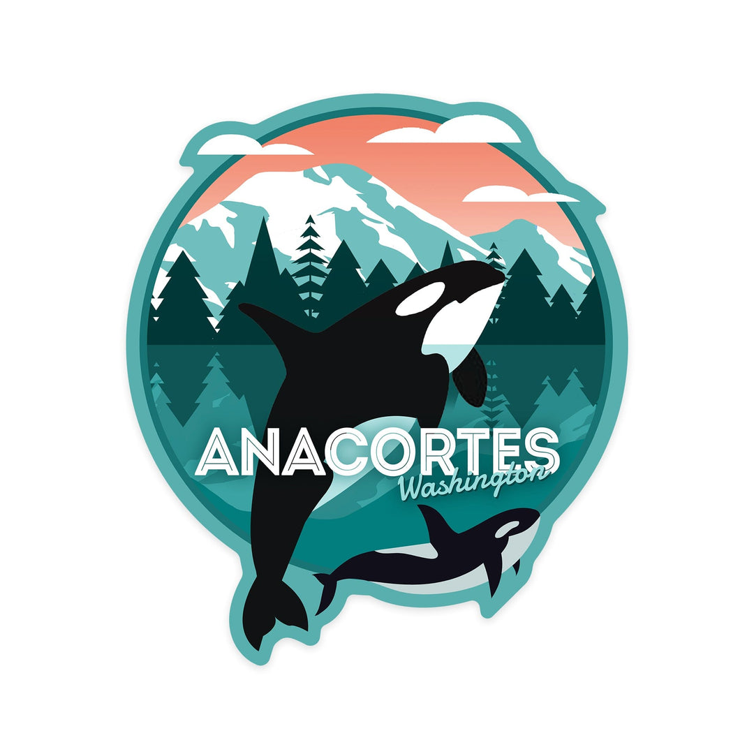 Anacortes, Washington, Orca Whale and Calf, Vector, Contour, Lantern Press Artwork, Vinyl Sticker Sticker Lantern Press 