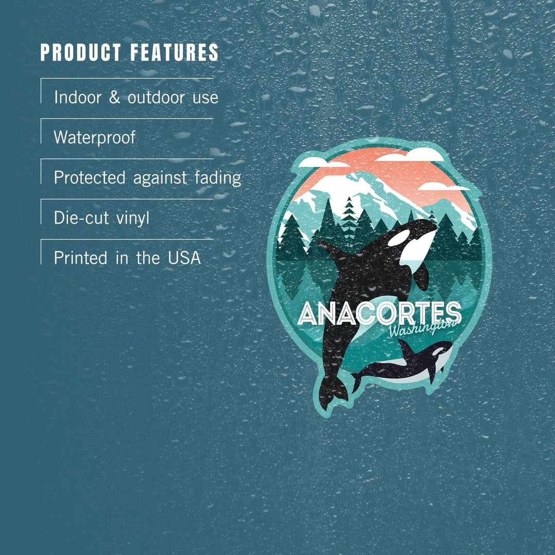 Anacortes, Washington, Orca Whale and Calf, Vector, Contour, Lantern Press Artwork, Vinyl Sticker Sticker Lantern Press 