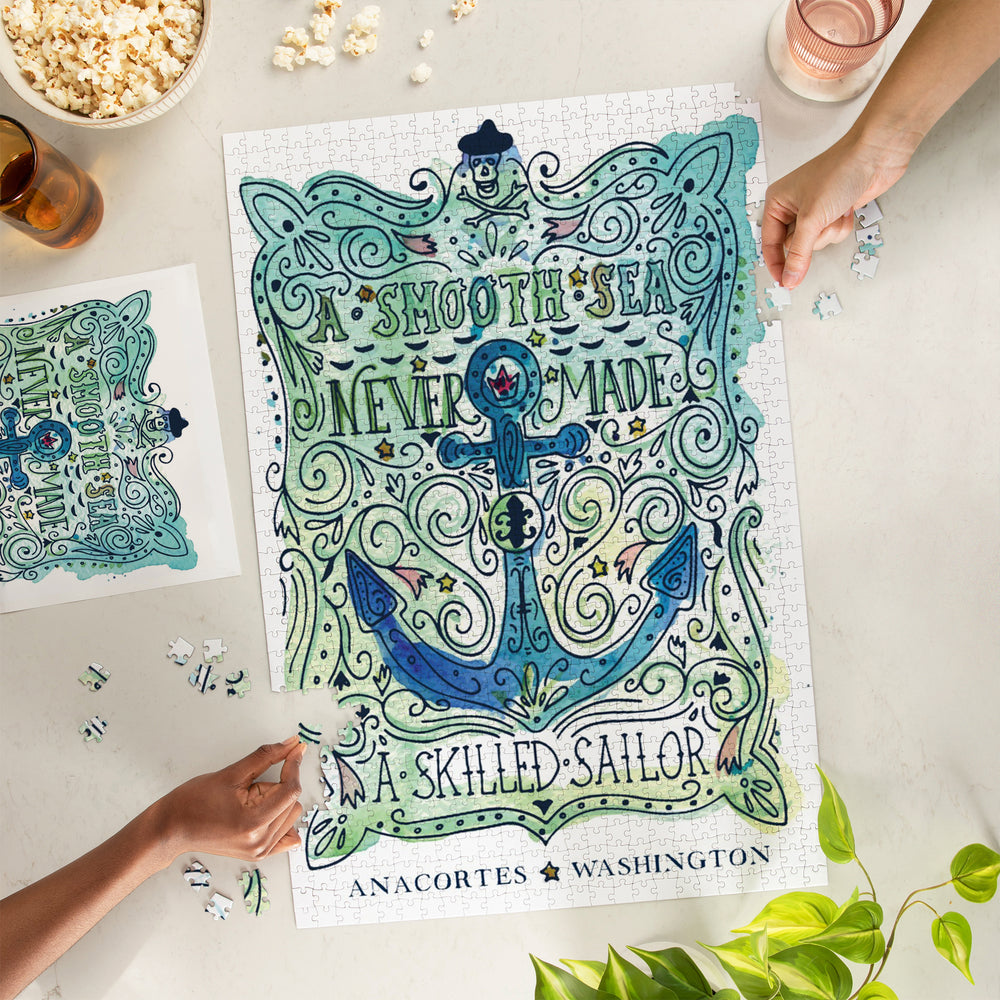 Anacortes, Washington, Watercolor, A Smooth Sea, Nautical, Jigsaw Puzzle Puzzle Lantern Press 