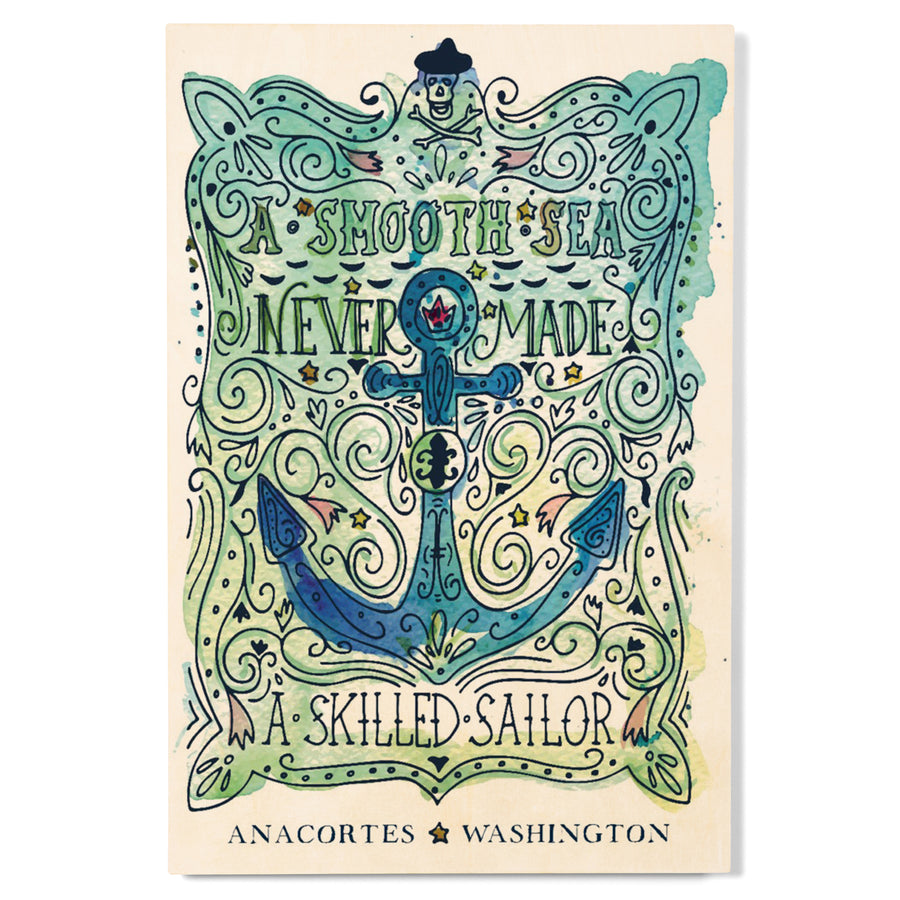 Anacortes, Washington, Watercolor, A Smooth Sea, Nautical, Wood Signs and Postcards Wood Lantern Press 