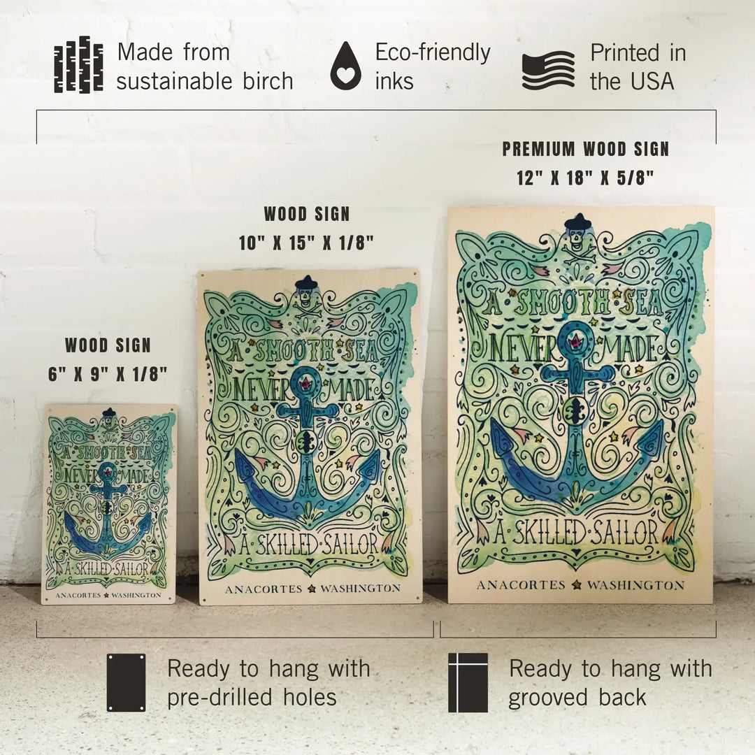 Anacortes, Washington, Watercolor, A Smooth Sea, Nautical, Wood Signs and Postcards Wood Lantern Press 