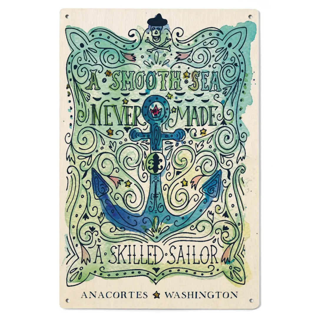 Anacortes, Washington, Watercolor, A Smooth Sea, Nautical, Wood Signs and Postcards Wood Lantern Press 