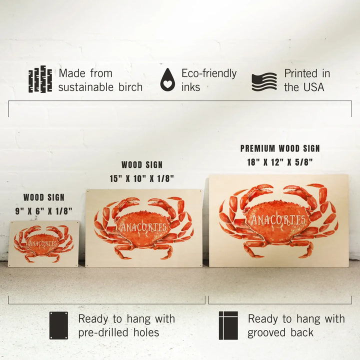 Anacortes, Washington, Watercolor, Dungeness Crab, Wood Signs and Postcards Wood Lantern Press 