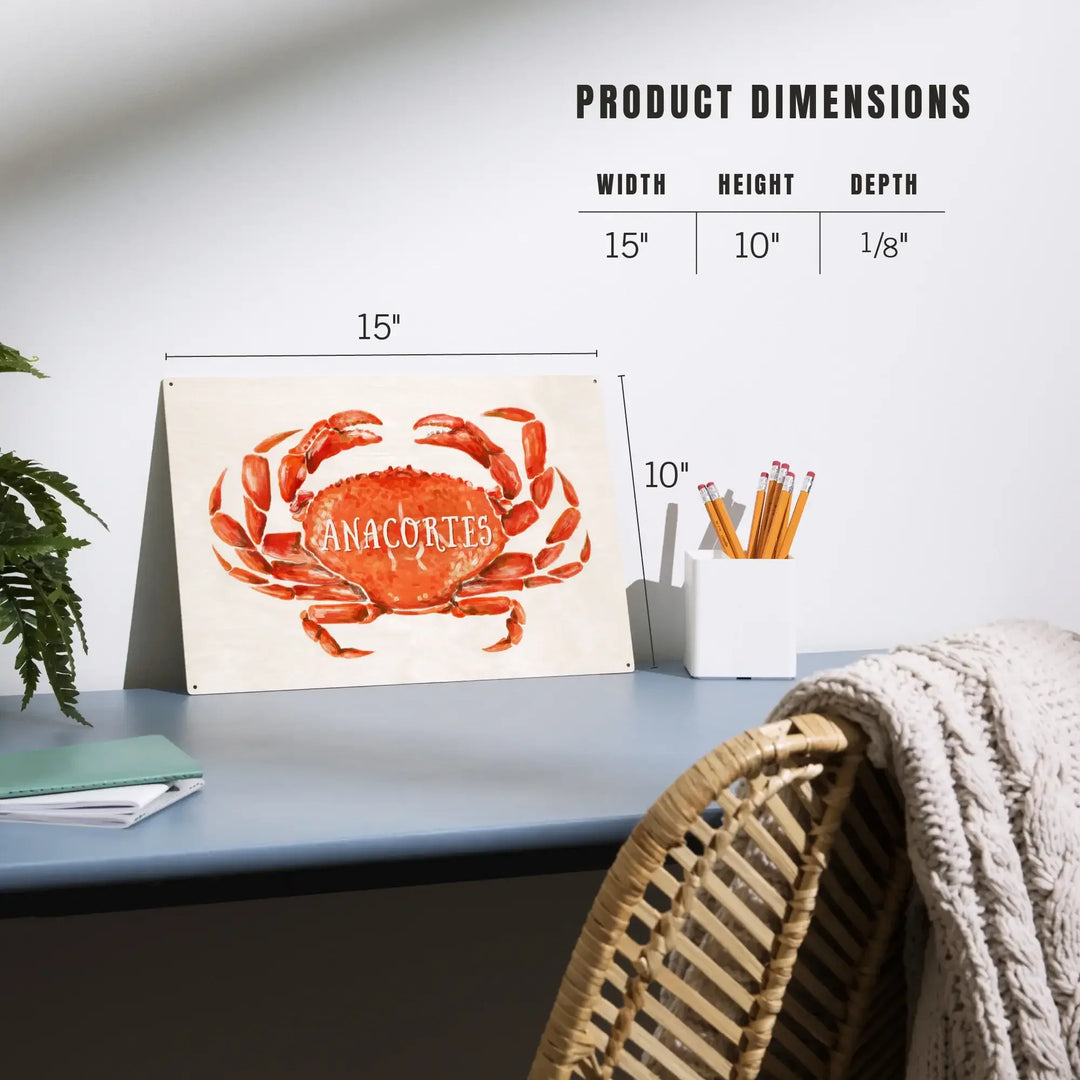 Anacortes, Washington, Watercolor, Dungeness Crab, Wood Signs and Postcards Wood Lantern Press 