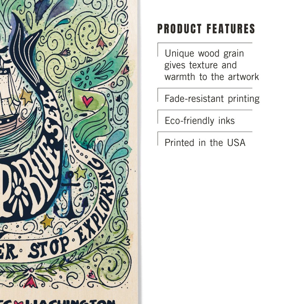 Anacortes, Washington, Watercolor, Whale, Deep Blue Sea, Wood Signs and Postcards Wood Lantern Press 