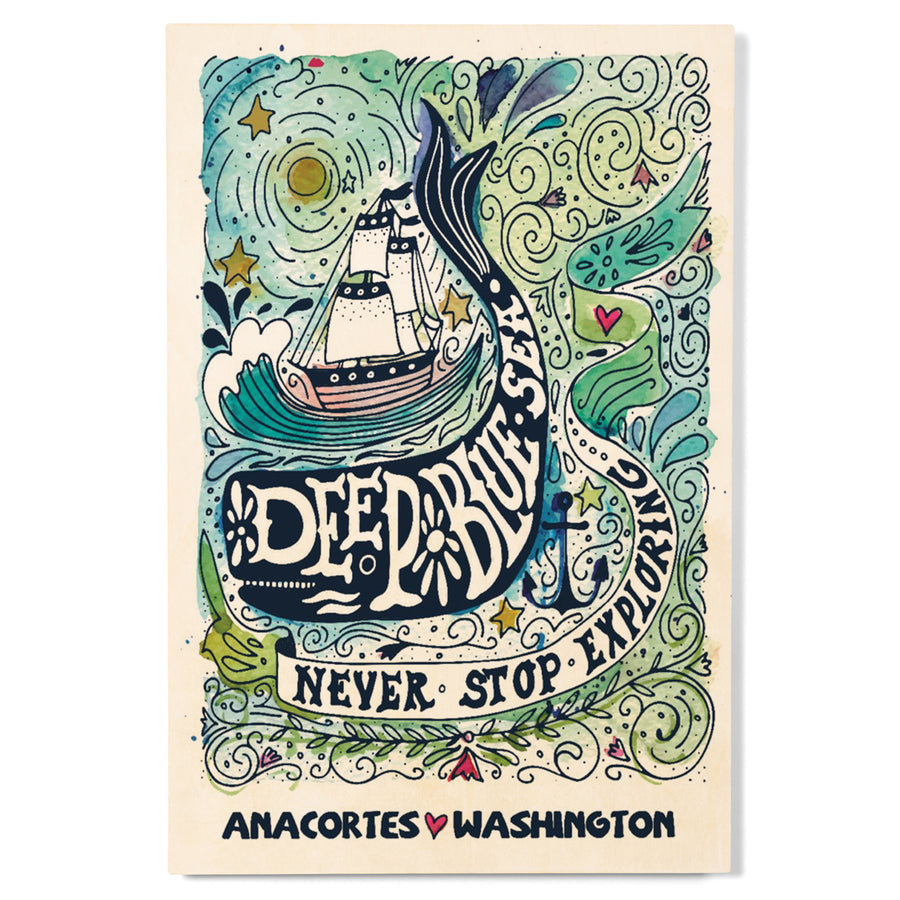 Anacortes, Washington, Watercolor, Whale, Deep Blue Sea, Wood Signs and Postcards Wood Lantern Press 