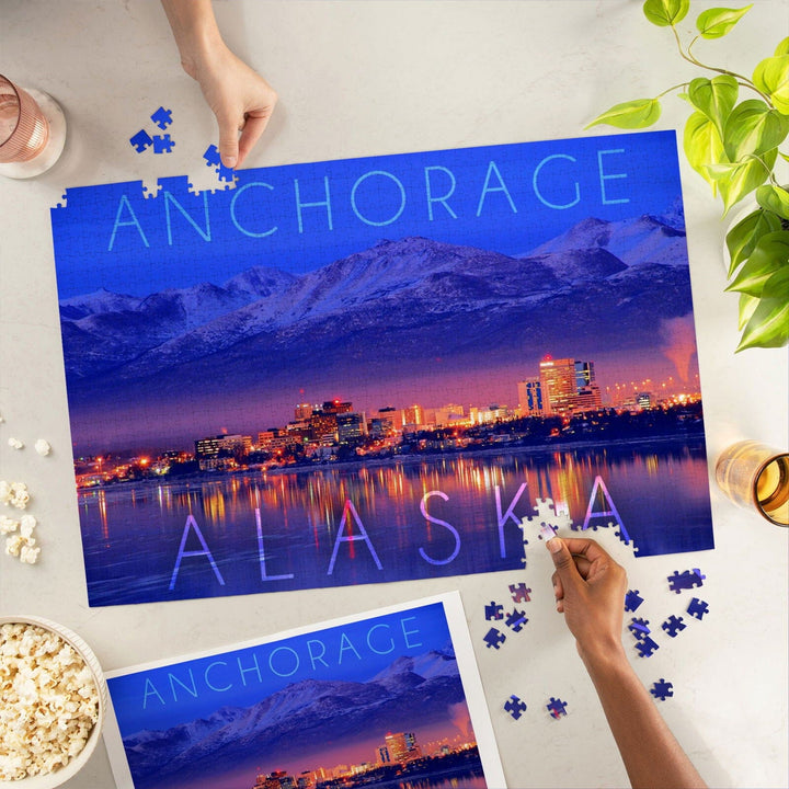 Anchorage, Alaska, Cityscape and Mountains at Night, Jigsaw Puzzle Puzzle Lantern Press 
