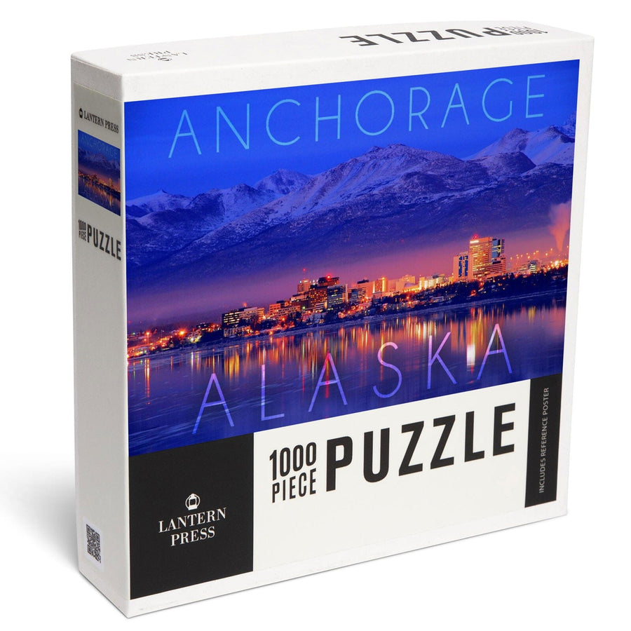 Anchorage, Alaska, Cityscape and Mountains at Night, Jigsaw Puzzle Puzzle Lantern Press 