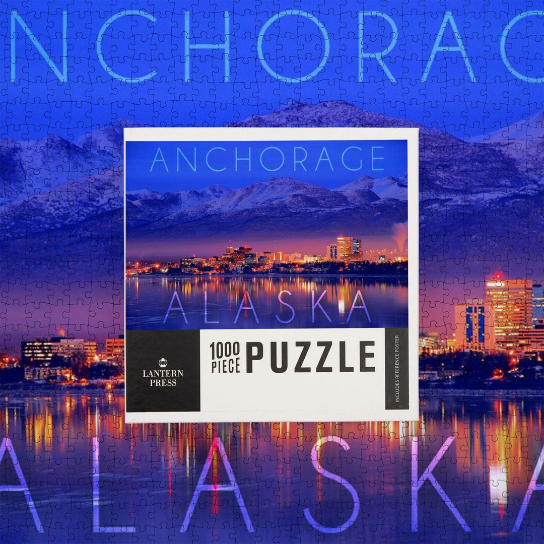 Anchorage, Alaska, Cityscape and Mountains at Night, Jigsaw Puzzle Puzzle Lantern Press 