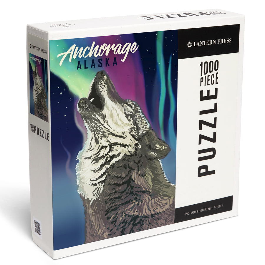 Anchorage, Alaska, Wolf and Northern Lights, Jigsaw Puzzle Puzzle Lantern Press 