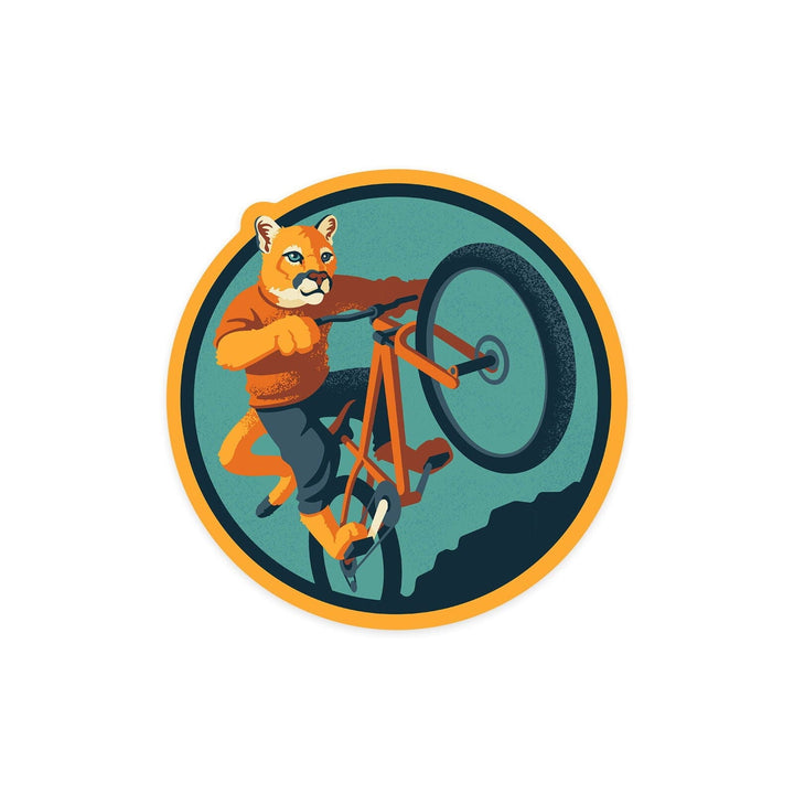 Animal Activities Series, Mountain Lion Mountain Biking, Vinyl Sticker Sticker Lantern Press 