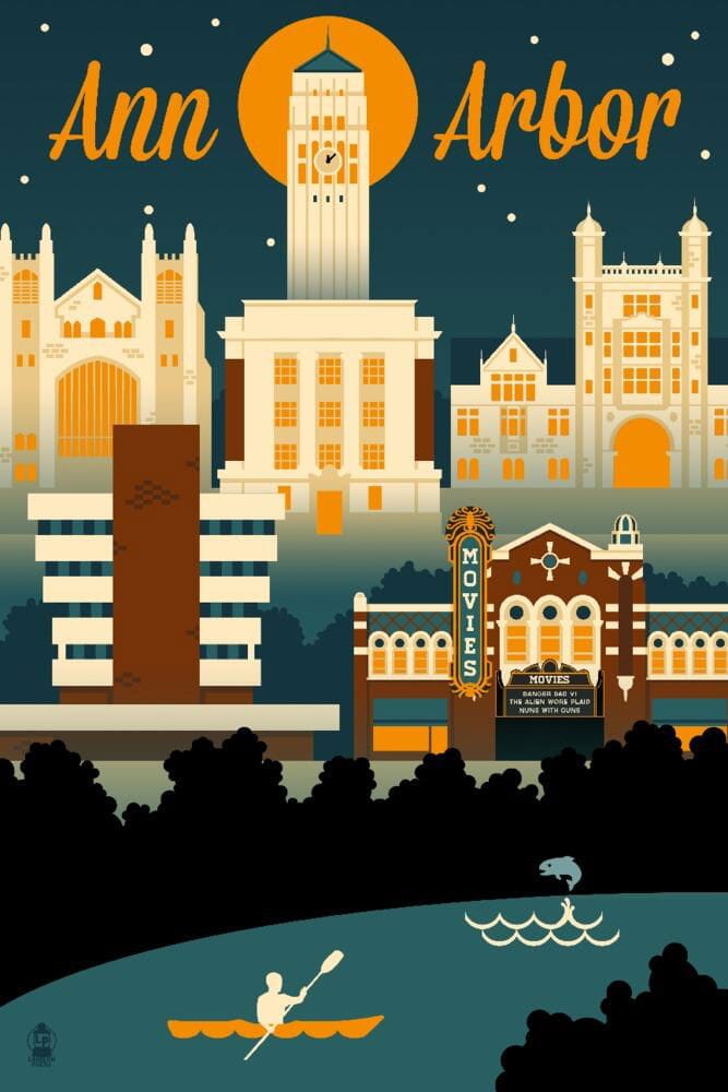 Ann Arbor, Michigan, Retro Skyline, Art & Giclee Prints Art Lantern Press 12 x 18 Art Print 