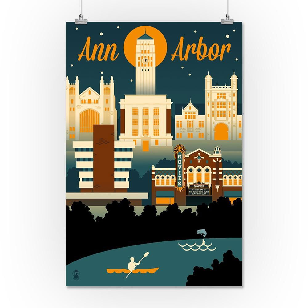 Ann Arbor, Michigan, Retro Skyline, Art & Giclee Prints Art Lantern Press 16 x 24 Giclee Print 