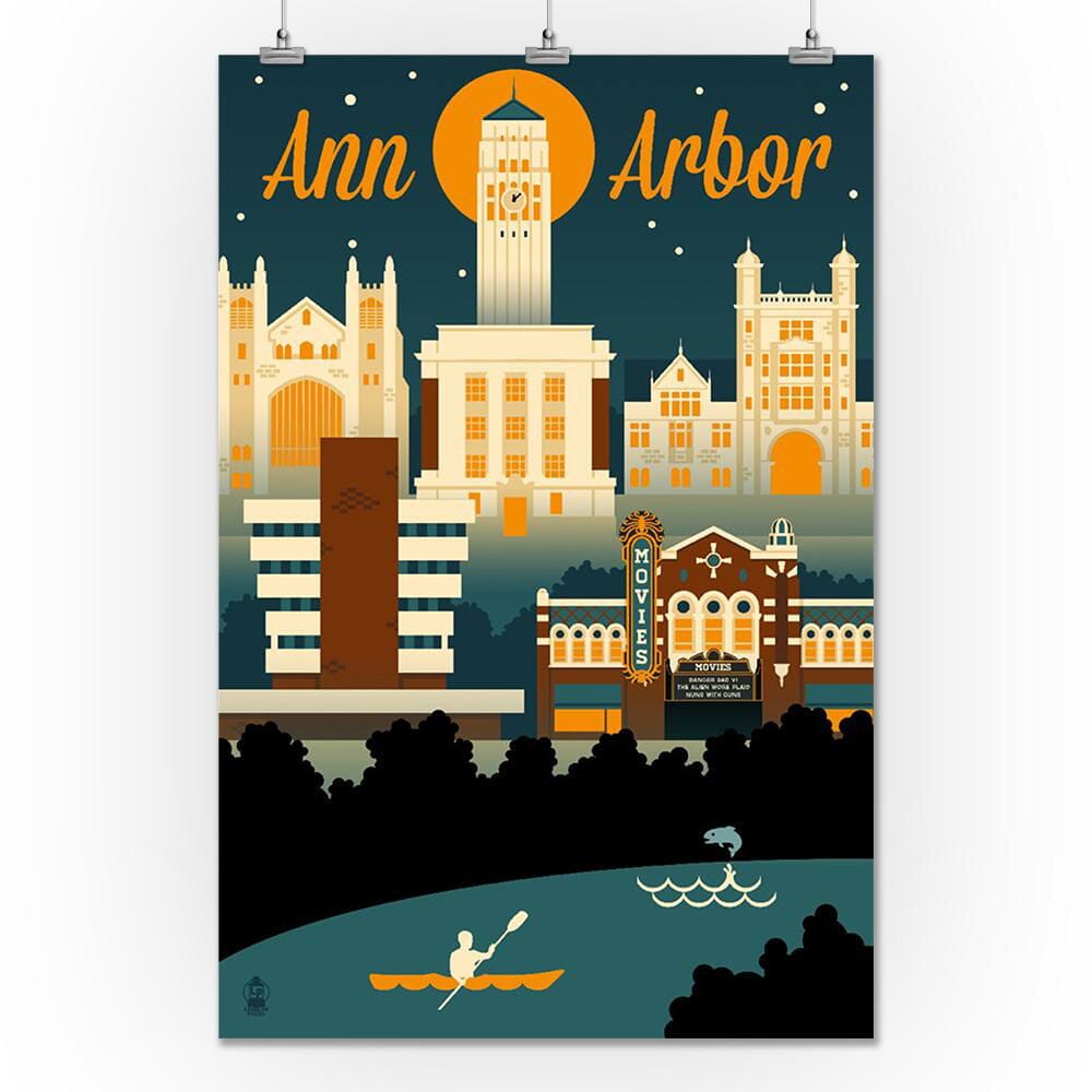 Ann Arbor, Michigan, Retro Skyline, Art & Giclee Prints Art Lantern Press 24 x 36 Giclee Print 