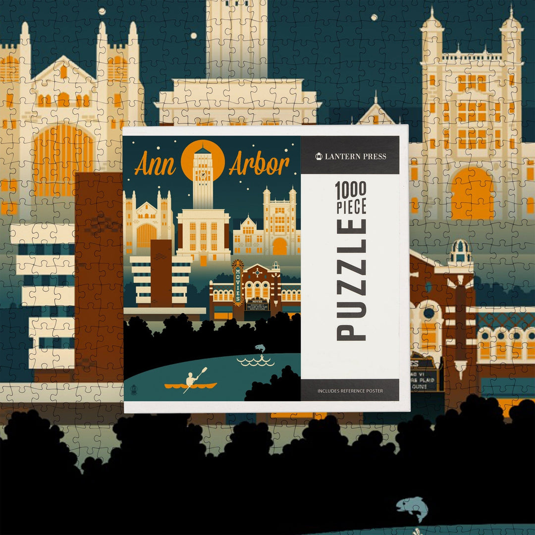 Ann Arbor, Michigan, Retro Skyline, Jigsaw Puzzle Puzzle Lantern Press 