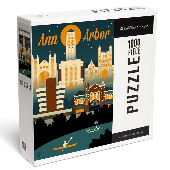 Ann Arbor, Michigan, Retro Skyline, Jigsaw Puzzle Puzzle Lantern Press 