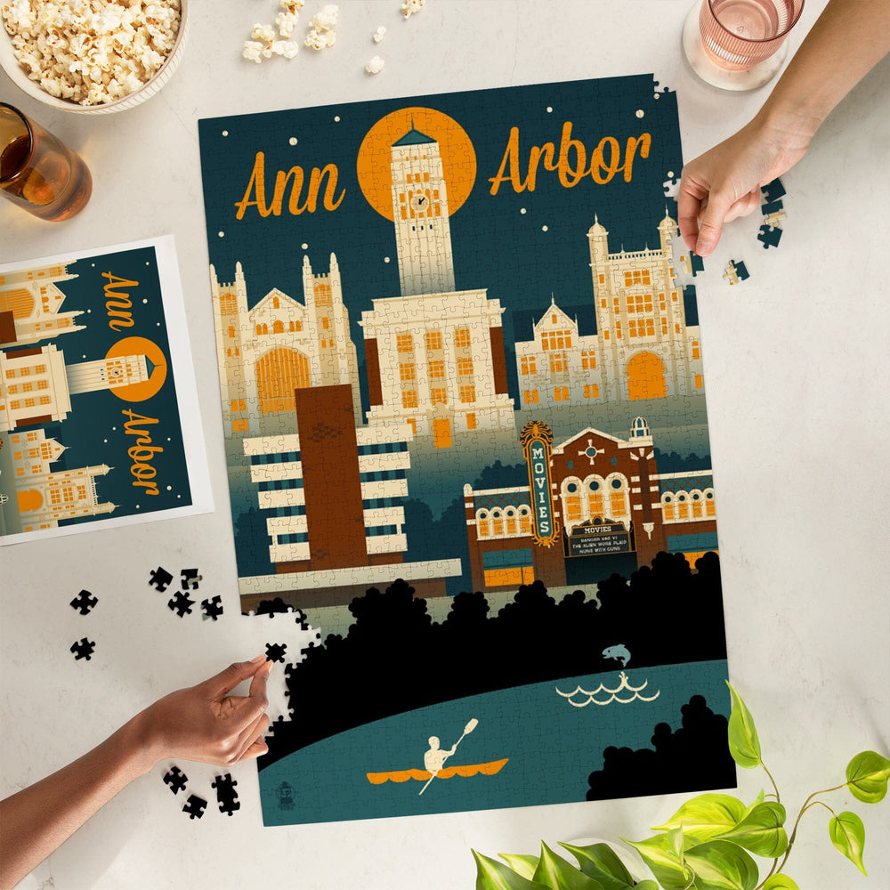 Ann Arbor, Michigan, Retro Skyline, Jigsaw Puzzle Puzzle Lantern Press 