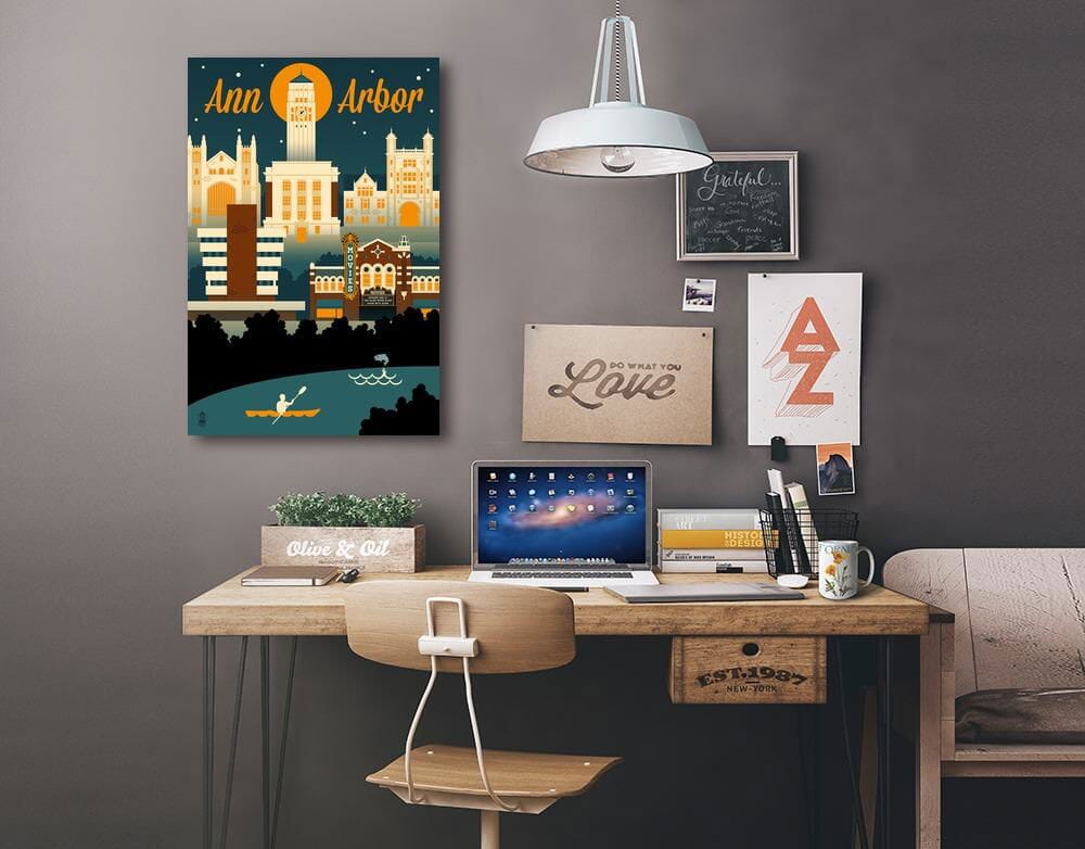 Ann Arbor, Michigan, Retro Skyline, Lantern Press Artwork Canvas Lantern Press 