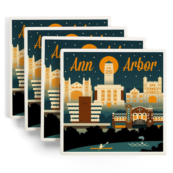 Ann Arbor, Michigan, Retro Skyline, Lantern Press Artwork, Coaster Set Coasters Lantern Press 