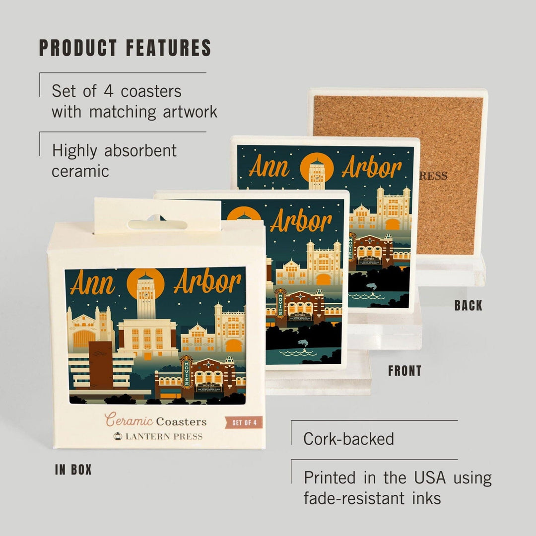 Ann Arbor, Michigan, Retro Skyline, Lantern Press Artwork, Coaster Set Coasters Lantern Press 