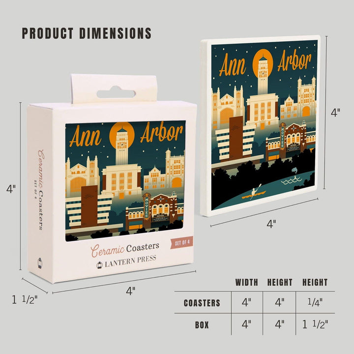 Ann Arbor, Michigan, Retro Skyline, Lantern Press Artwork, Coaster Set Coasters Lantern Press 