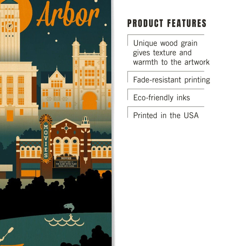 Ann Arbor, Michigan, Retro Skyline, Lantern Press Artwork, Wood Signs and Postcards Wood Lantern Press 
