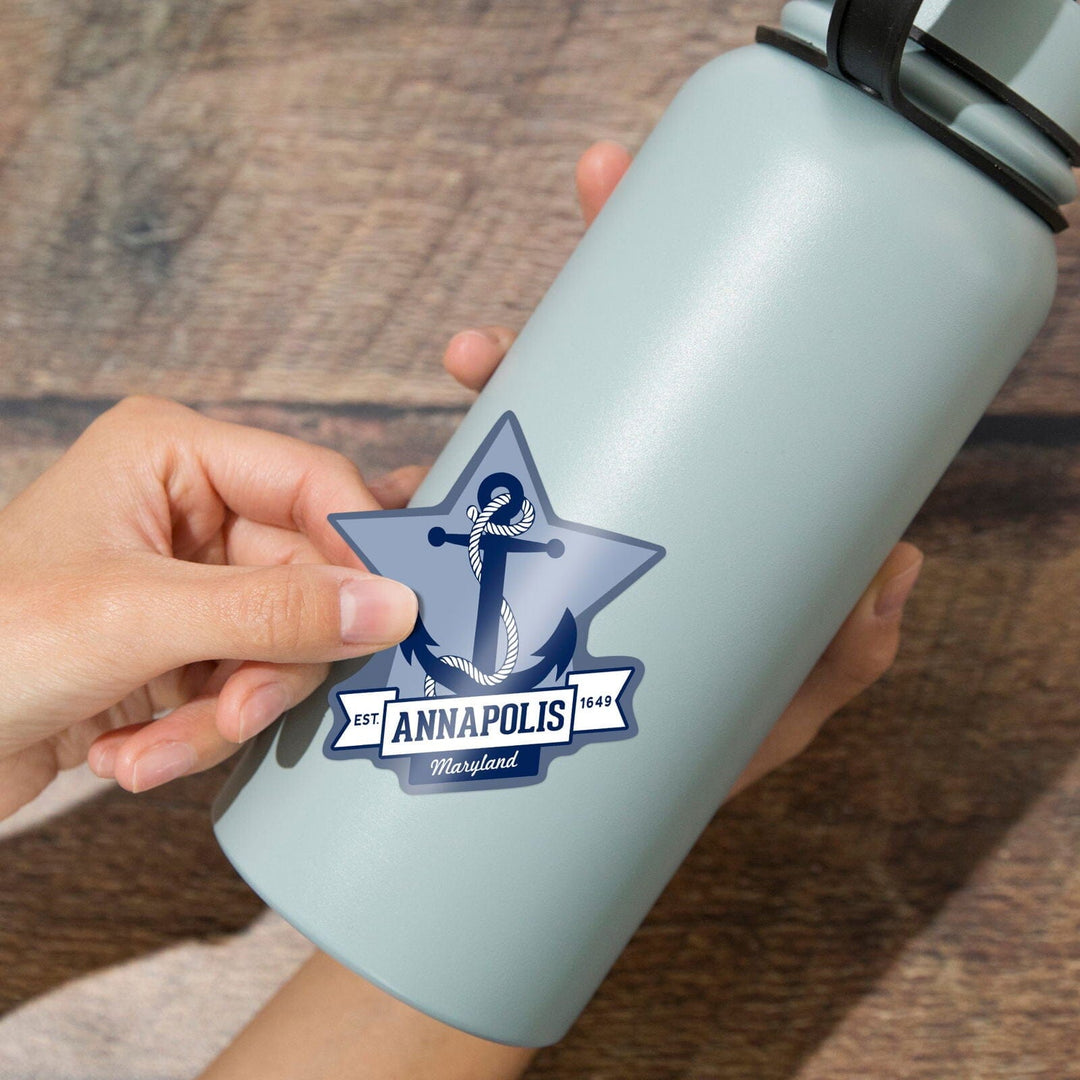 Annapolis, Maryland, Blue and White Anchor, Contour, Vinyl Sticker Sticker Lantern Press 