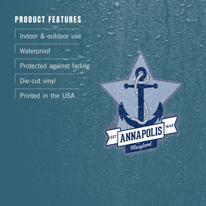 Annapolis, Maryland, Blue and White Anchor, Contour, Vinyl Sticker Sticker Lantern Press 