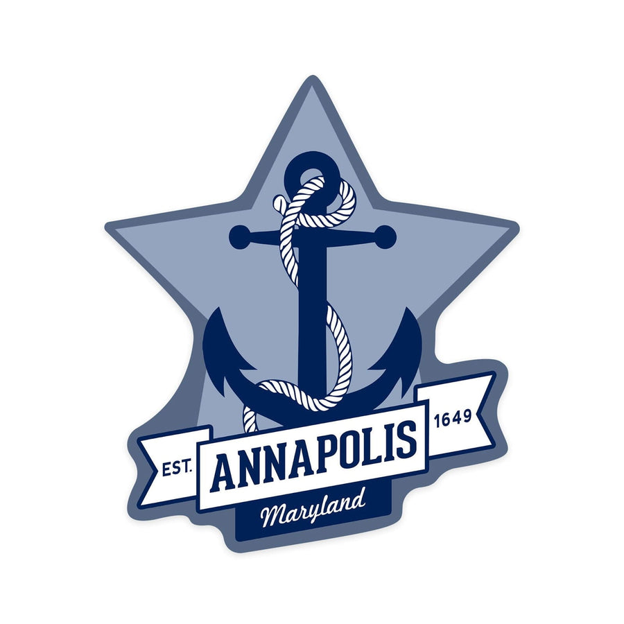 Annapolis, Maryland, Blue and White Anchor, Contour, Vinyl Sticker Sticker Lantern Press 