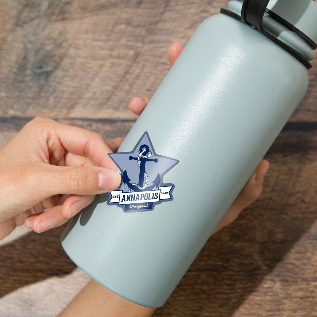 Annapolis, Maryland, Blue and White Anchor, Contour, Vinyl Sticker Sticker Lantern Press 