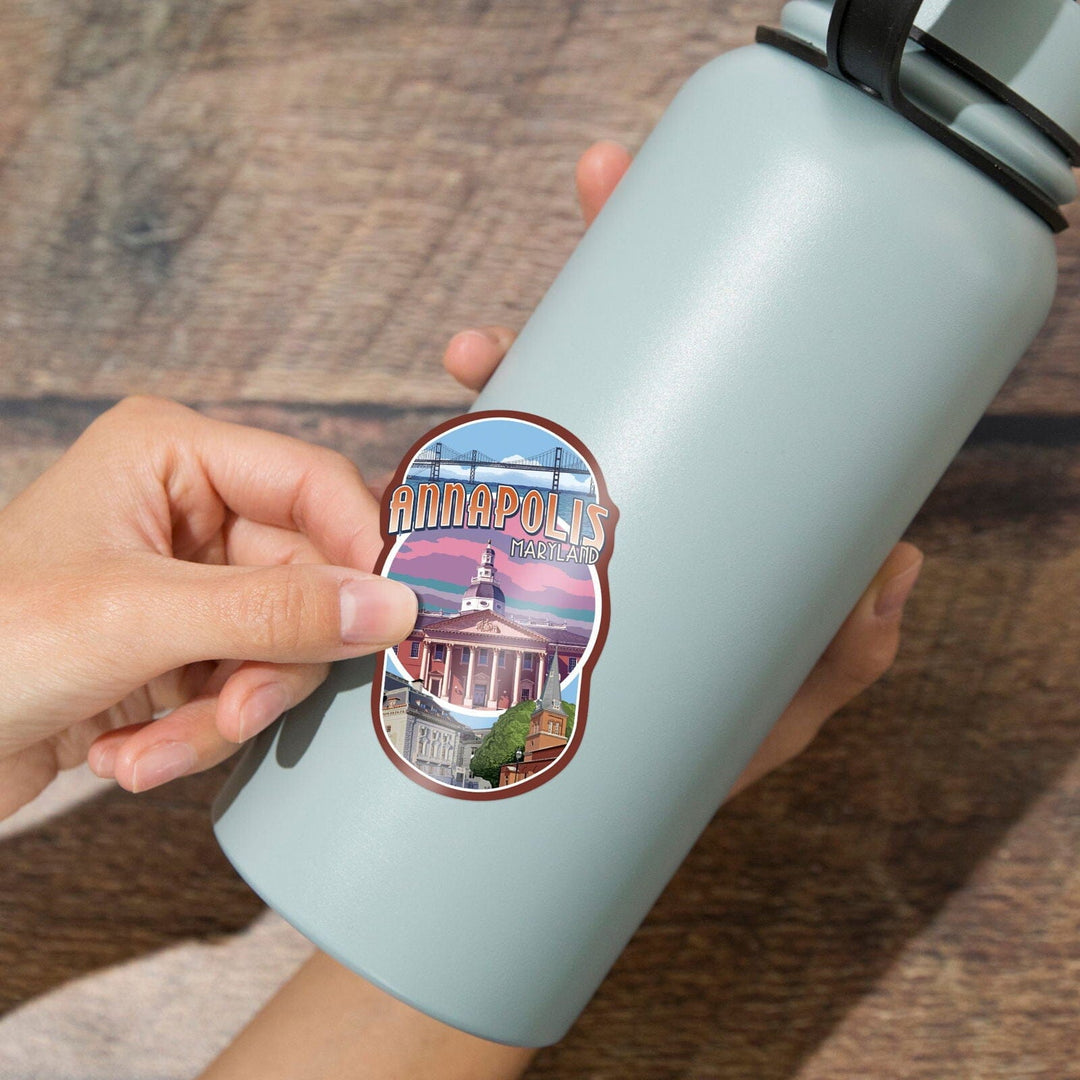 Annapolis, Maryland, Montage, Contour, Vinyl Sticker Sticker Lantern Press 