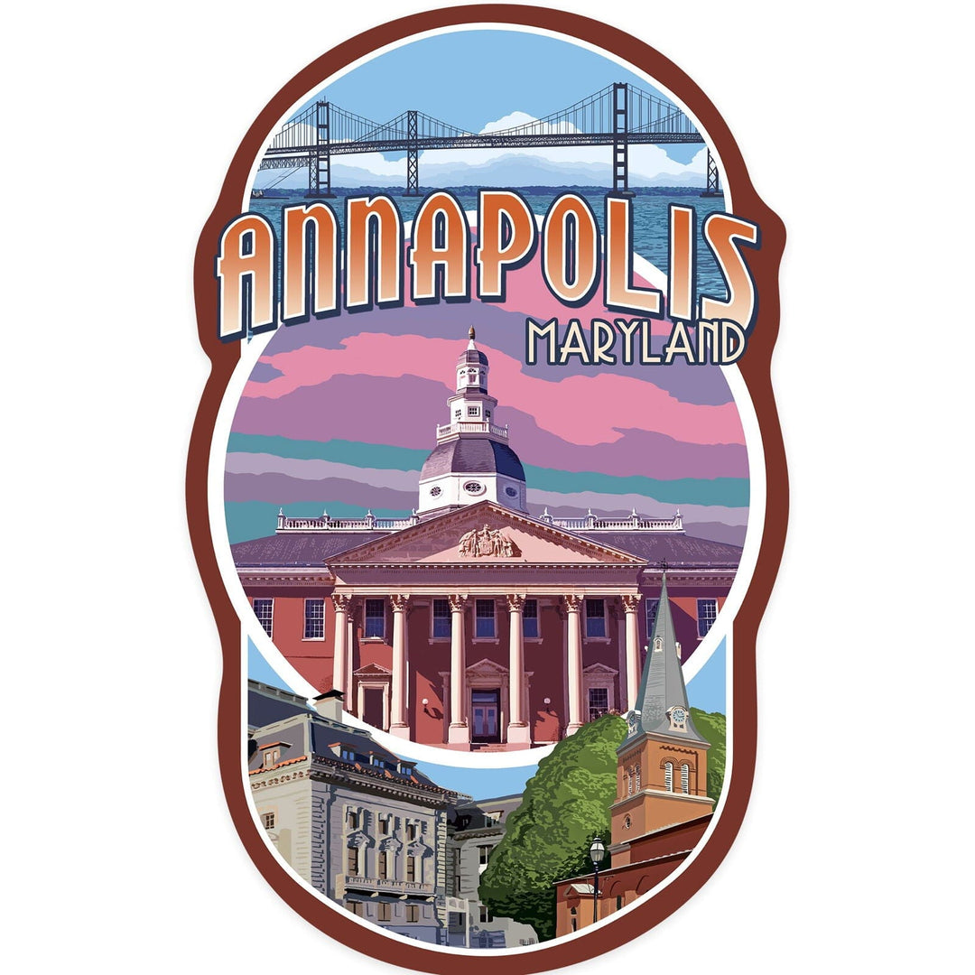 Annapolis, Maryland, Montage, Contour, Vinyl Sticker Sticker Lantern Press 