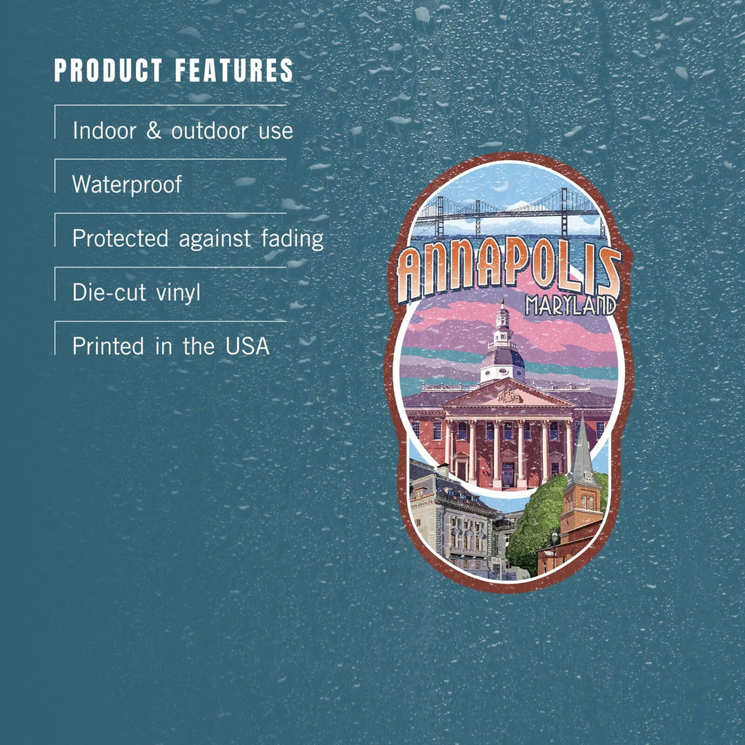 Annapolis, Maryland, Montage, Contour, Vinyl Sticker Sticker Lantern Press 