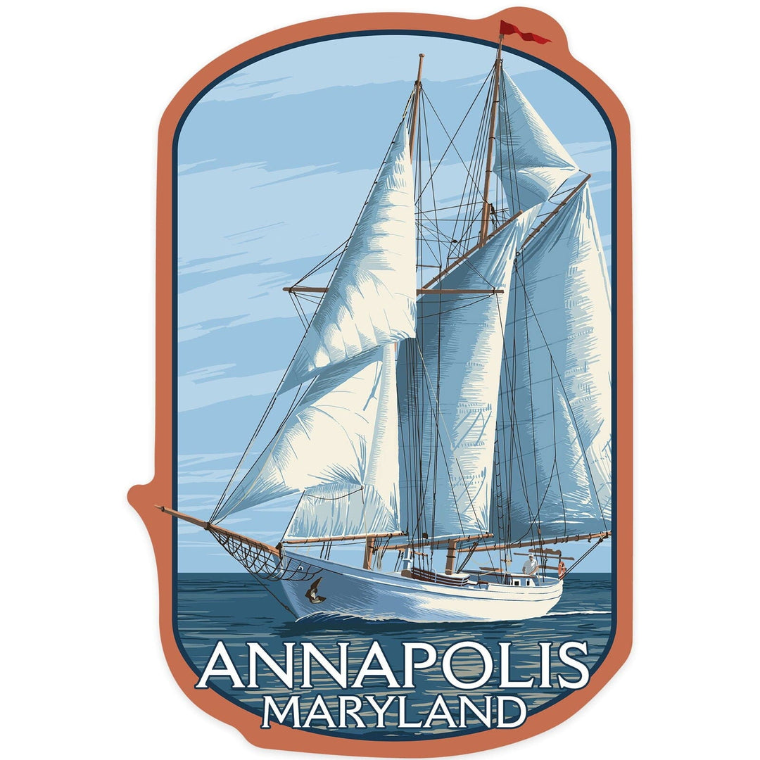 Annapolis, Maryland, Schooner Sailboat Scene, Contour, Vinyl Sticker Sticker Lantern Press 