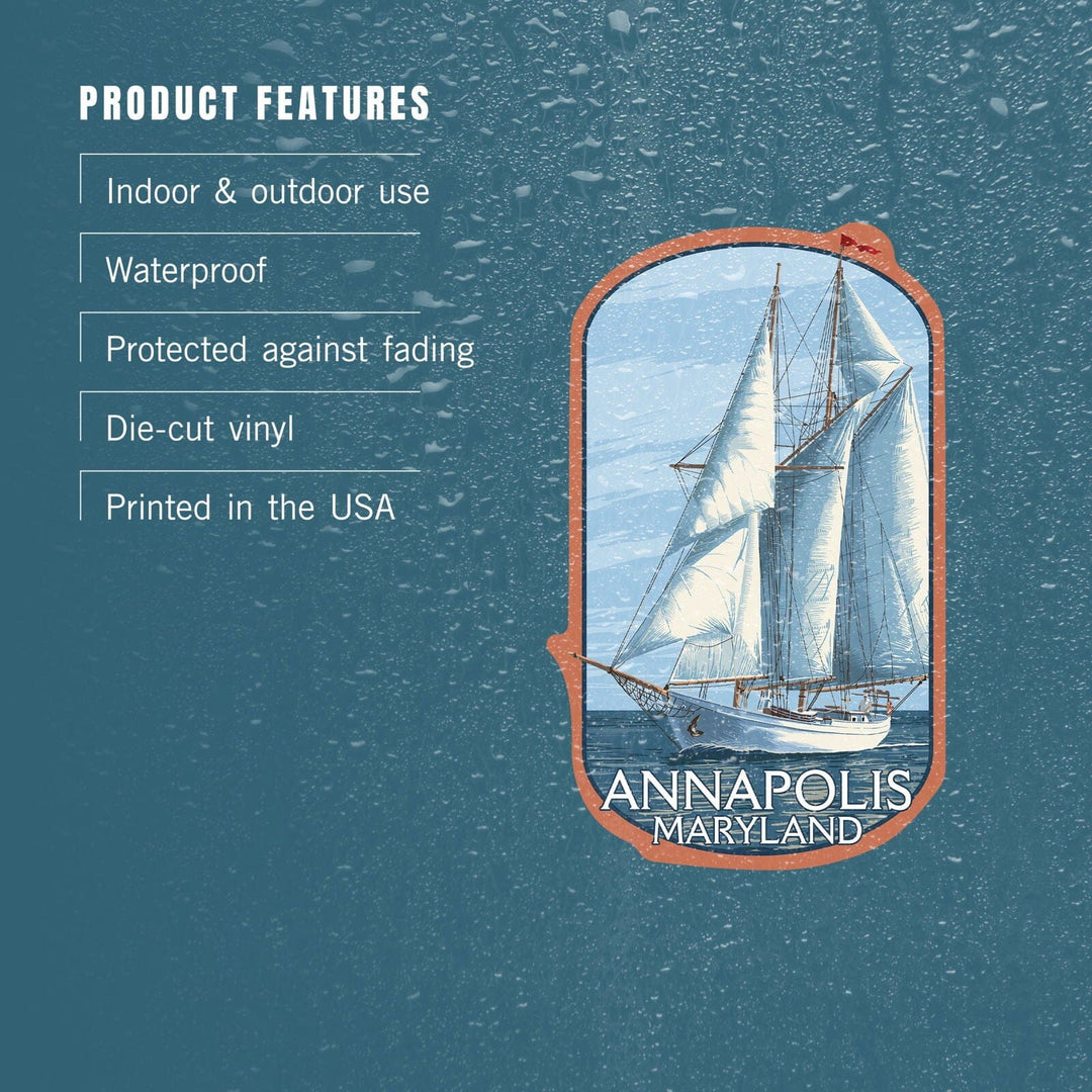 Annapolis, Maryland, Schooner Sailboat Scene, Contour, Vinyl Sticker Sticker Lantern Press 