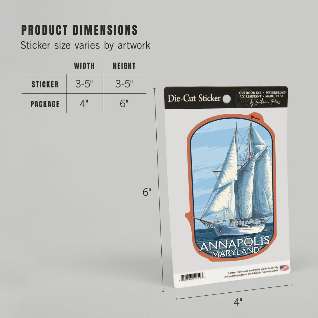 Annapolis, Maryland, Schooner Sailboat Scene, Contour, Vinyl Sticker Sticker Lantern Press 