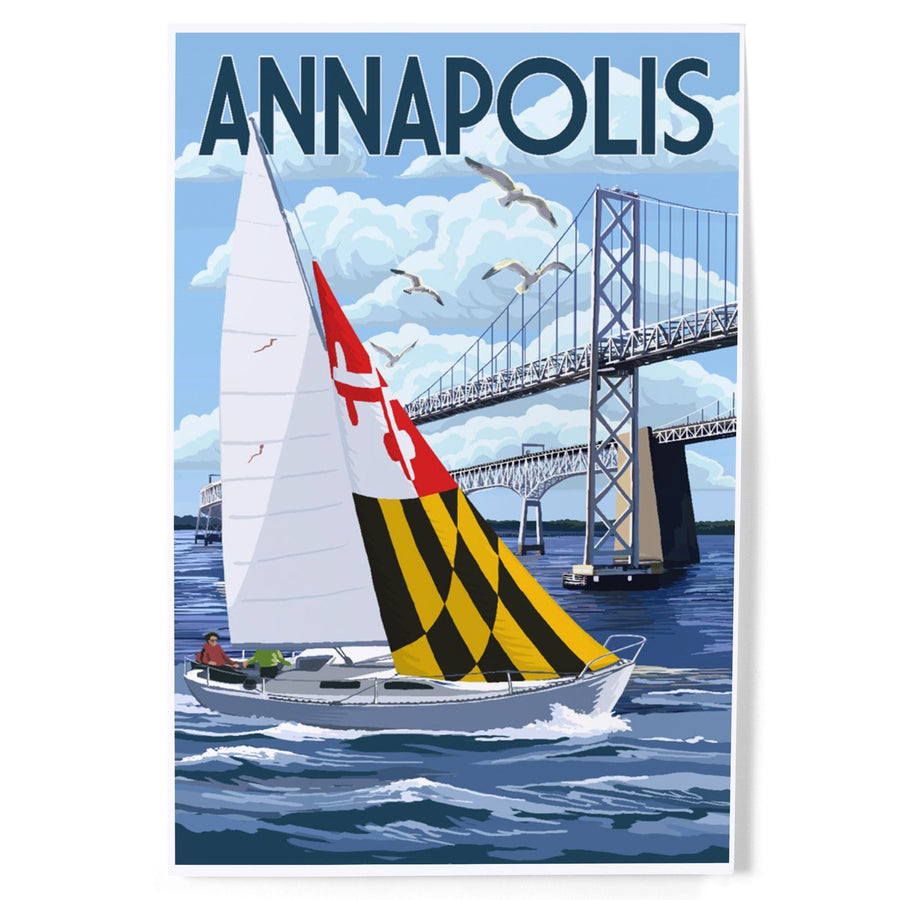 Annapolis, Maryland, Sloop Sailboat and Chesapeake Bay Bridge, Art & Giclee Prints Art Lantern Press 