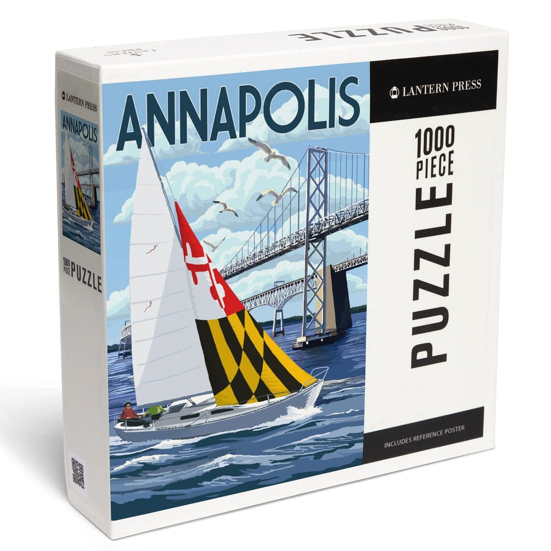 Annapolis, Maryland, Sloop Sailboat and Chesapeake Bay Bridge, Jigsaw Puzzle Puzzle Lantern Press 