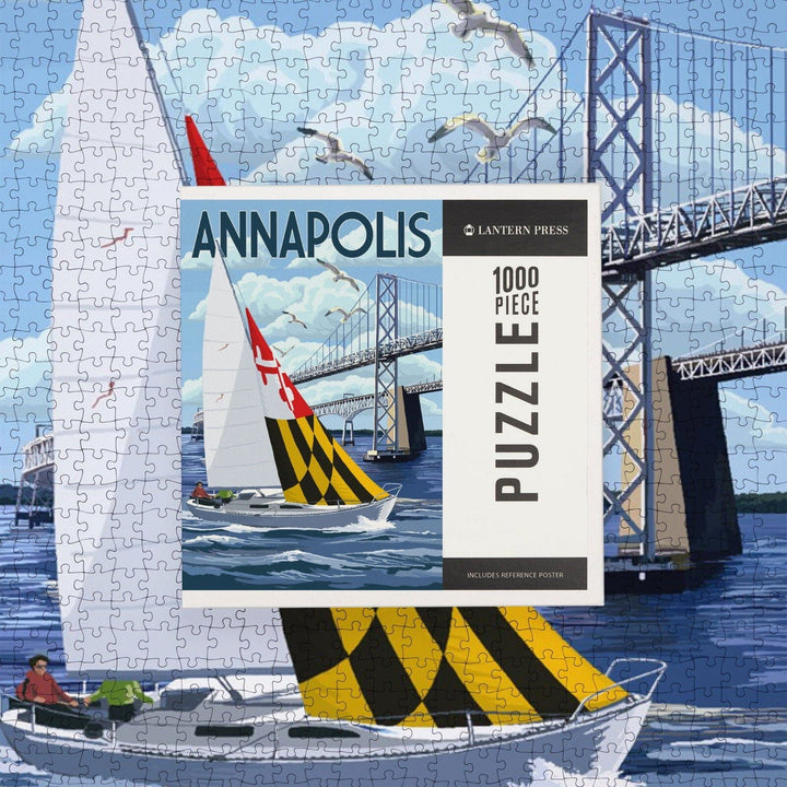 Annapolis, Maryland, Sloop Sailboat and Chesapeake Bay Bridge, Jigsaw Puzzle Puzzle Lantern Press 