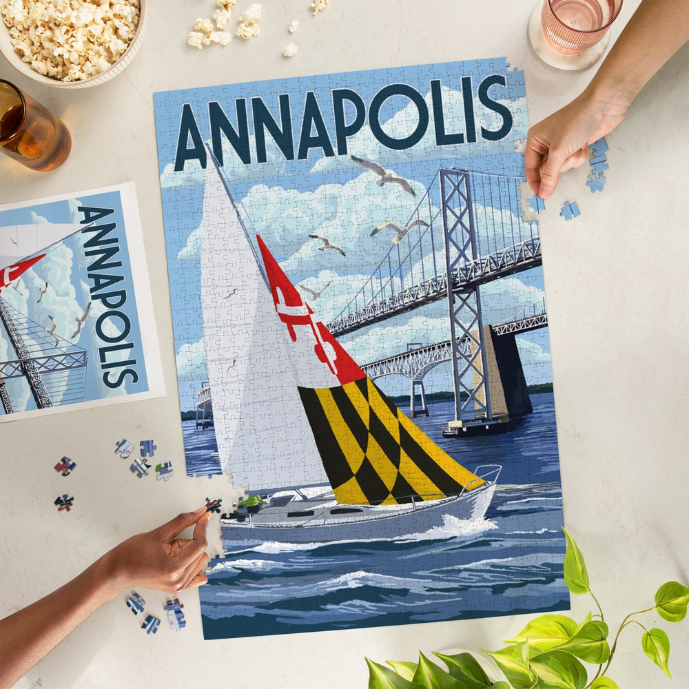 Annapolis, Maryland, Sloop Sailboat and Chesapeake Bay Bridge, Jigsaw Puzzle Puzzle Lantern Press 
